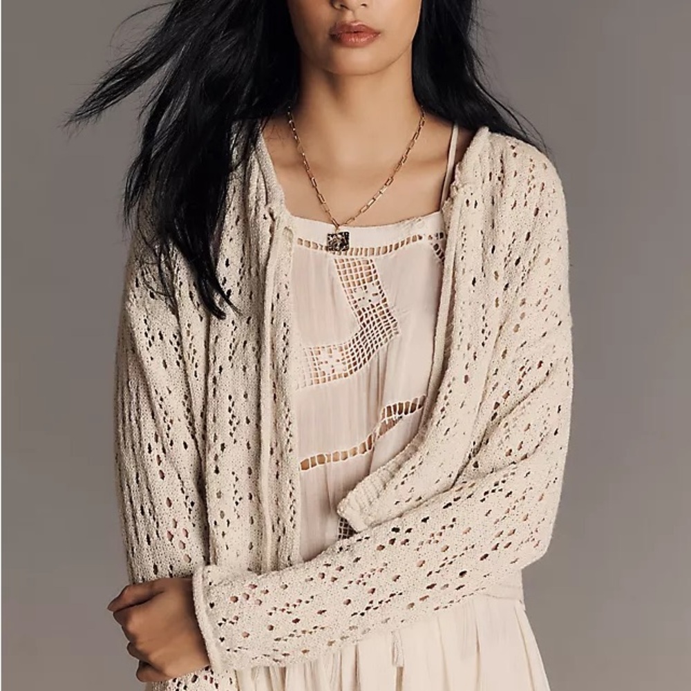 Anthropologie Pointelle Cardigan Crochet Tie Front Sweater One Size NWT